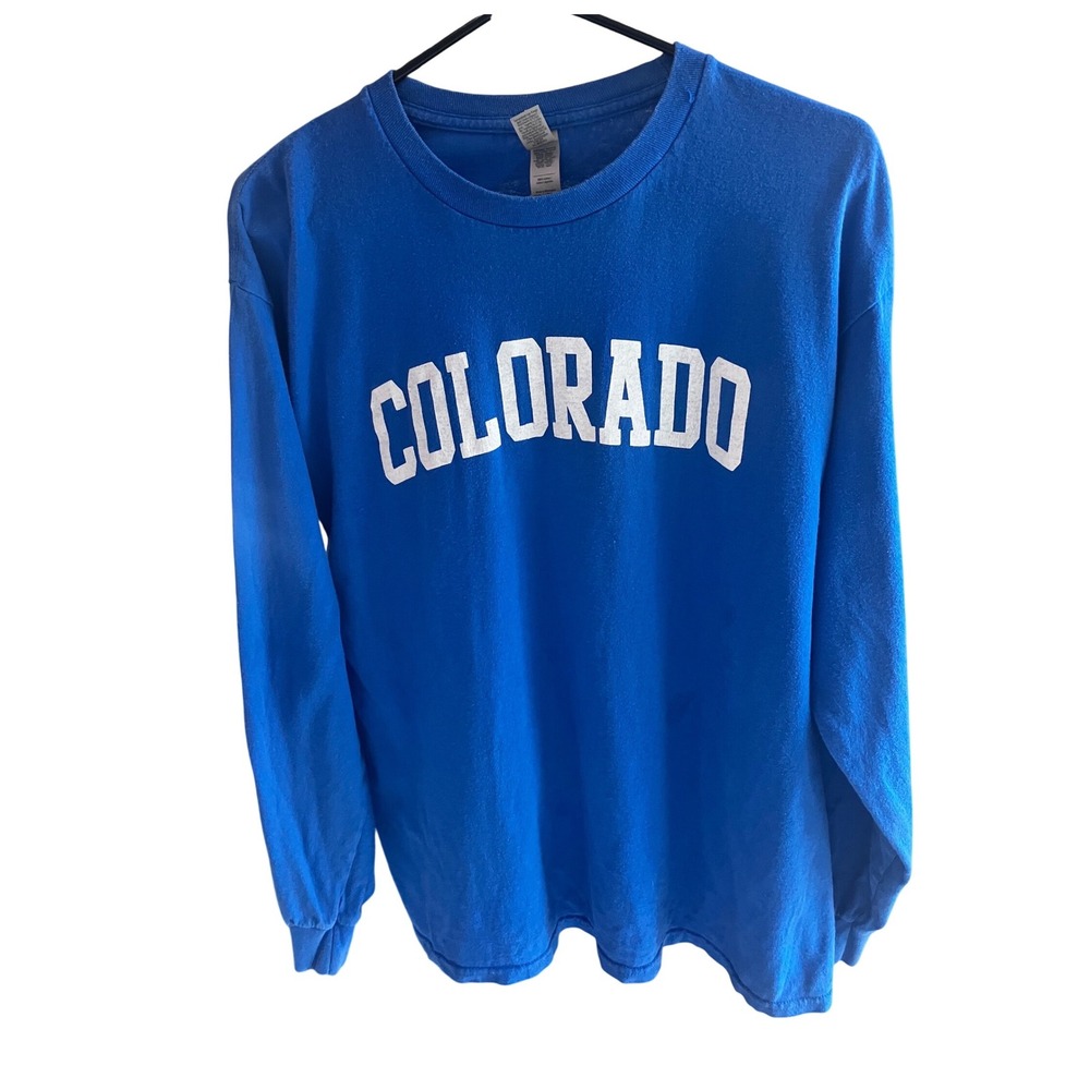 Gildan Womens Long Sleeve T-Shirt L Blue Colorado Graphic Cotton Tee